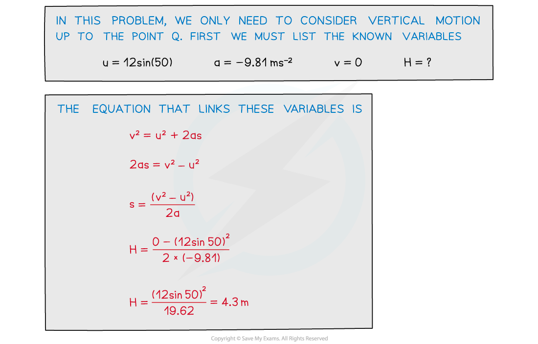 WE - Projectile Motion Worked Example 3 answer image, downloadable AS & A Level Physics revision notes